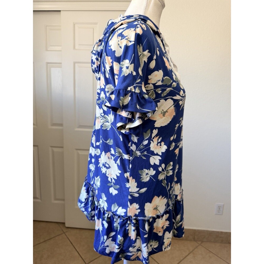 Ninexis Women's Floral Hoodie Top M Blue Ruffle Hem Short Sleeve Boho - Picture 4 of 15